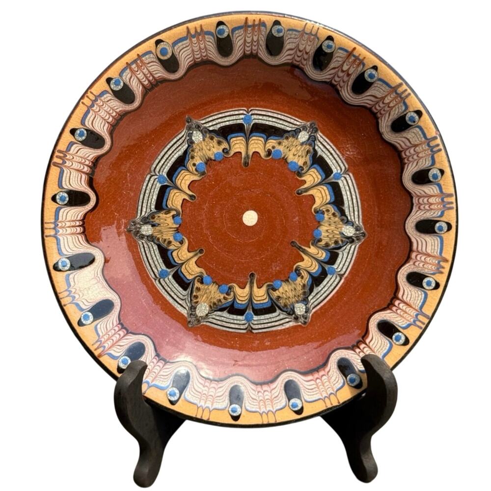 Vintage Bulgarian Troyan Pottery Plate Hand Painted Peacock Eye Redware Folk Art